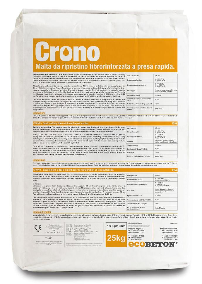 Crono, quick setting, fiber-rinforced repair mortar.
