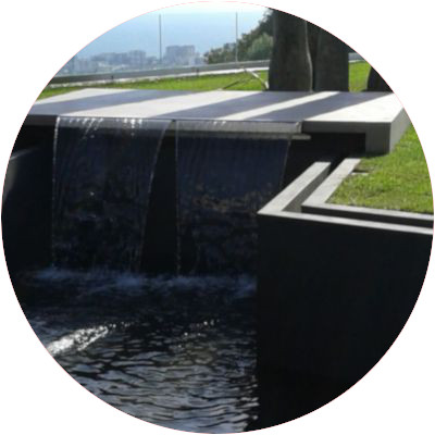 A modern style swimming pool with a fall, overlayed seamlessly with Poseidone